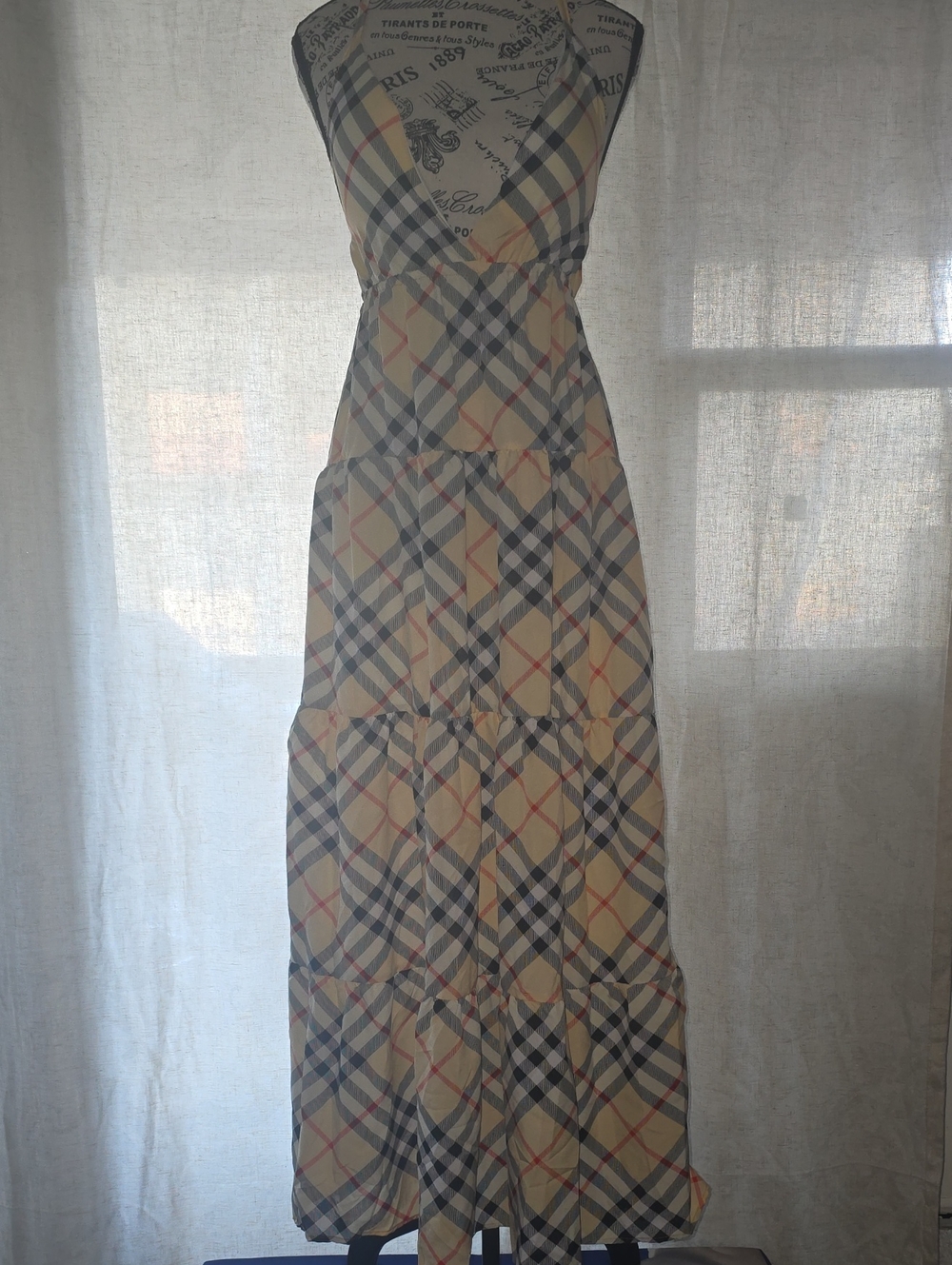 Plaid Maxi Dress with V-Neck in Beige